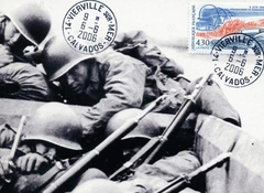 56 - Les oprations terrestres : Les premires vagues d'assaut arrivent en vue des plages,  l'abri derrire le blindage des barges 3